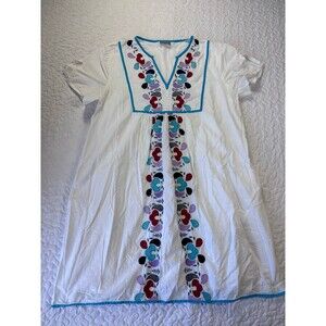 Sabby Anand White Blue Floral Embroidered 100% Cotton Vneck Dress size large